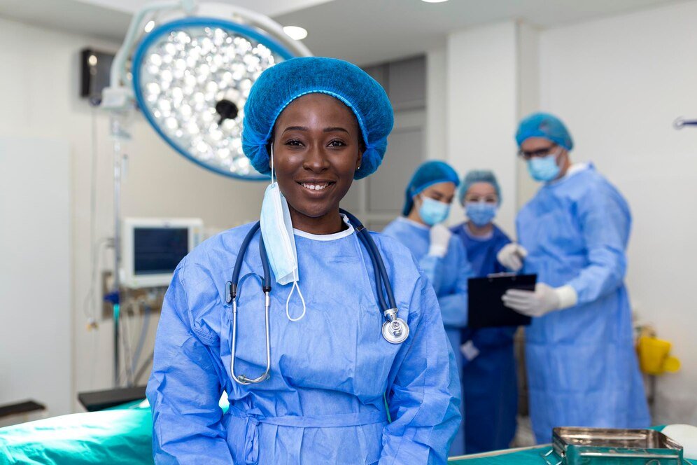 Surgeon and surgical team in a hospital operating room